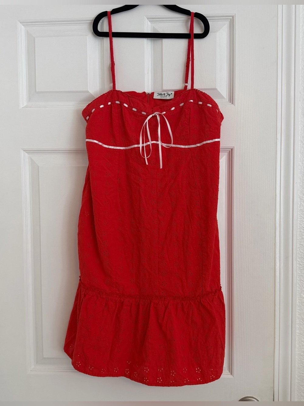 Jolie & Joy Red Eyelet Cotton Mini Dress Ruffle Bow Cottagecore Coquette Size L